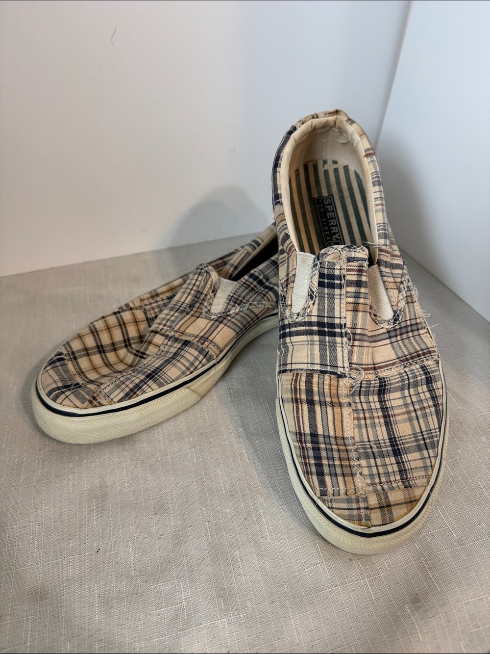 Sperry Plaid Slip-On Loafers in Tan and Navy